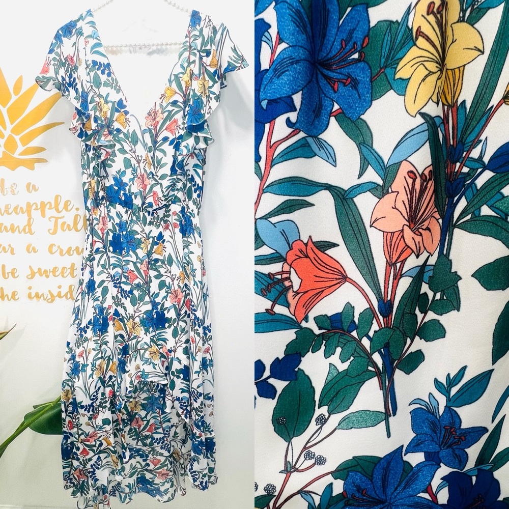 PARKER Blue Floral Lilly High Low Ruffle Dress Short Sleeve Flowy Dress Sz Small - Picture 3 of 15